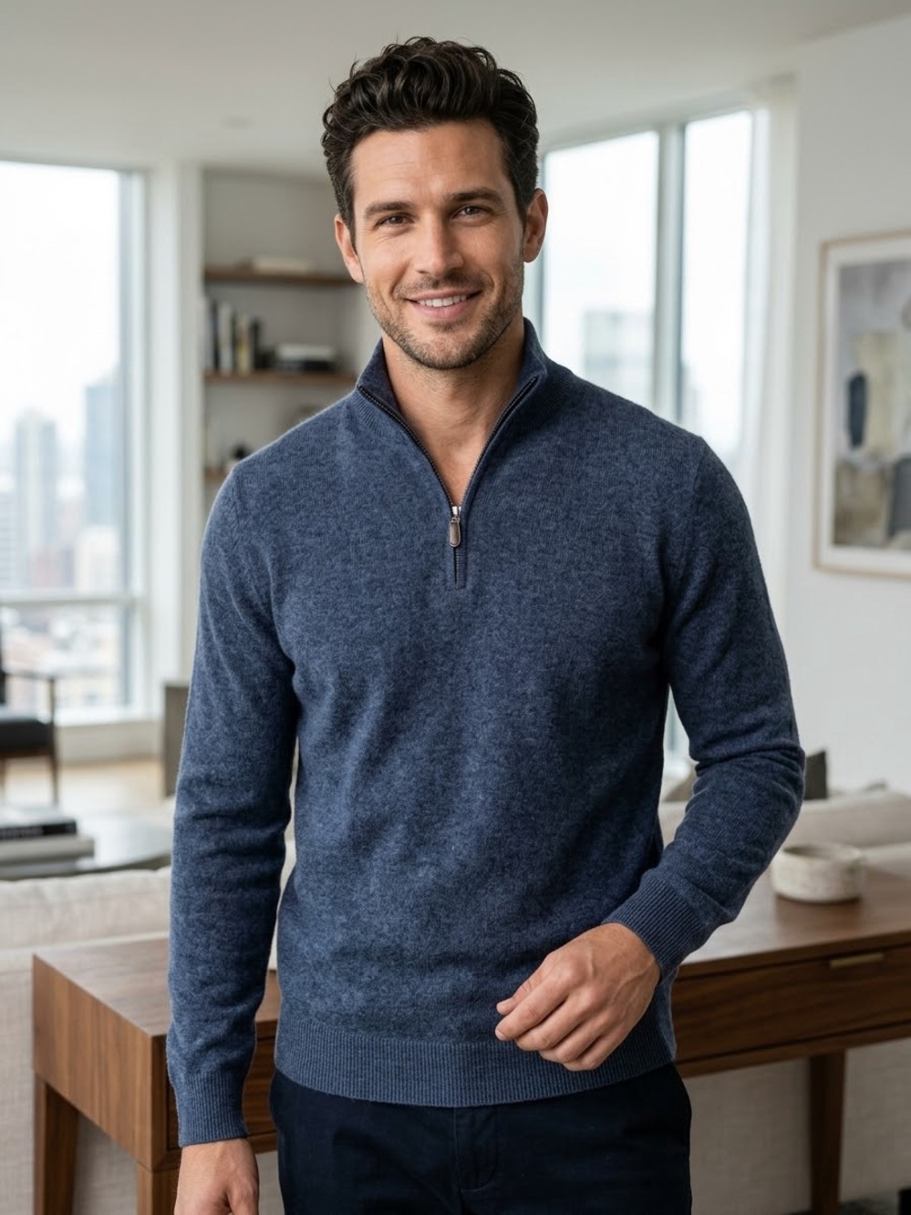NWT Mantovani Studio 100% Italian Cashmere Quarter Zip Sweater Blue M